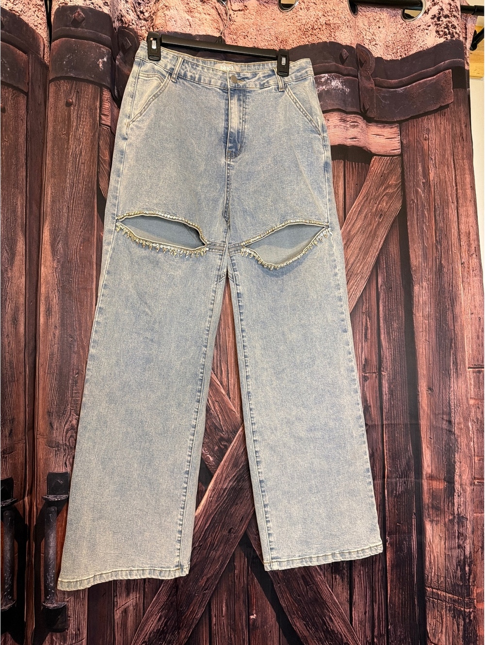 Blue b. Light Wash Wide Leg Jeans with Rhinestone Cutout Detail